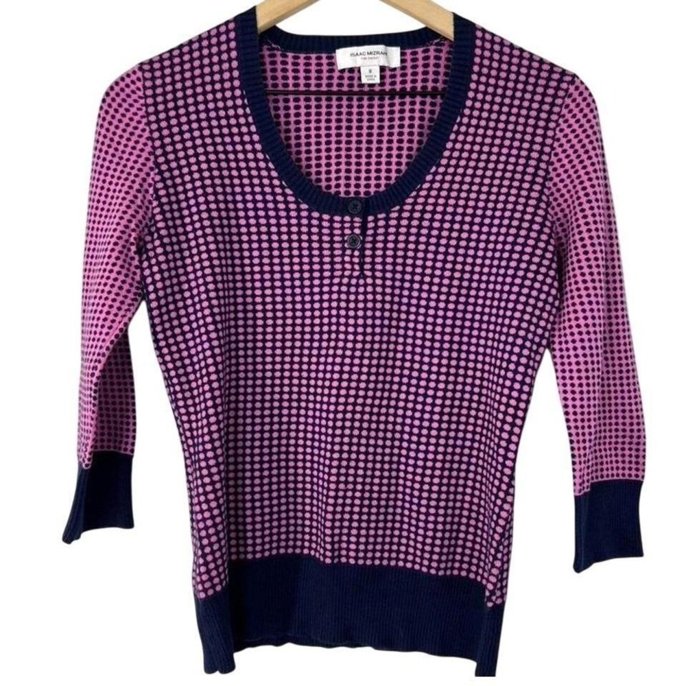 Isaac Mizrahi for Target Pink Navy Polka Dot Henley Sweater 3/4 Sleeve Medium
